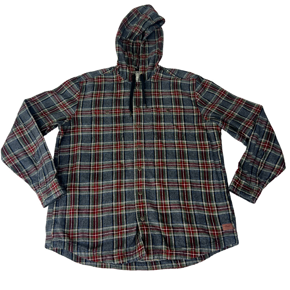 L.L. Bean Shacket Men L Scotch Plaid Flannel Hooded Grey Stewart Slightly Fitted